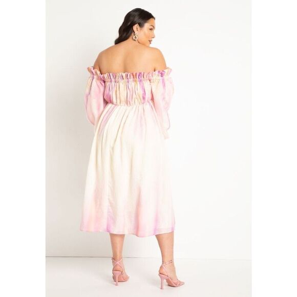 Eloquii Women’s Off The Shoulder Ruffle Pink Purple Yellow Peach Watercolor Dres - Picture 4 of 12
